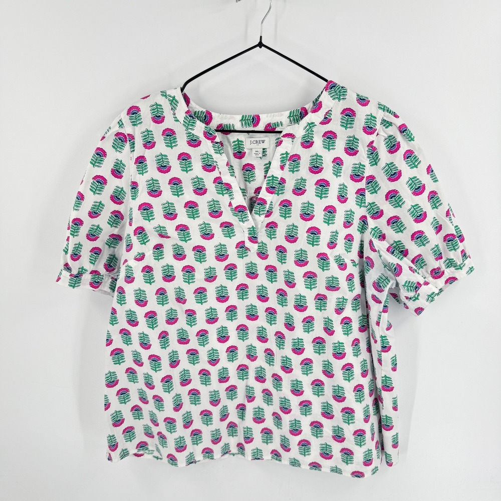 J. Crew Factory White Short Sleeve Top with Pink and Green Leaf Print